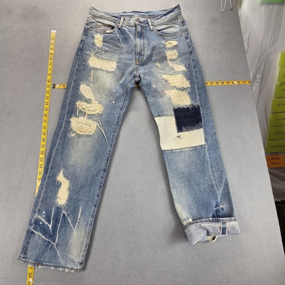 Selvedge Jeans Mens Blue Patchwork Thrashed Destroyed‎ Embroidered Fits 32x30